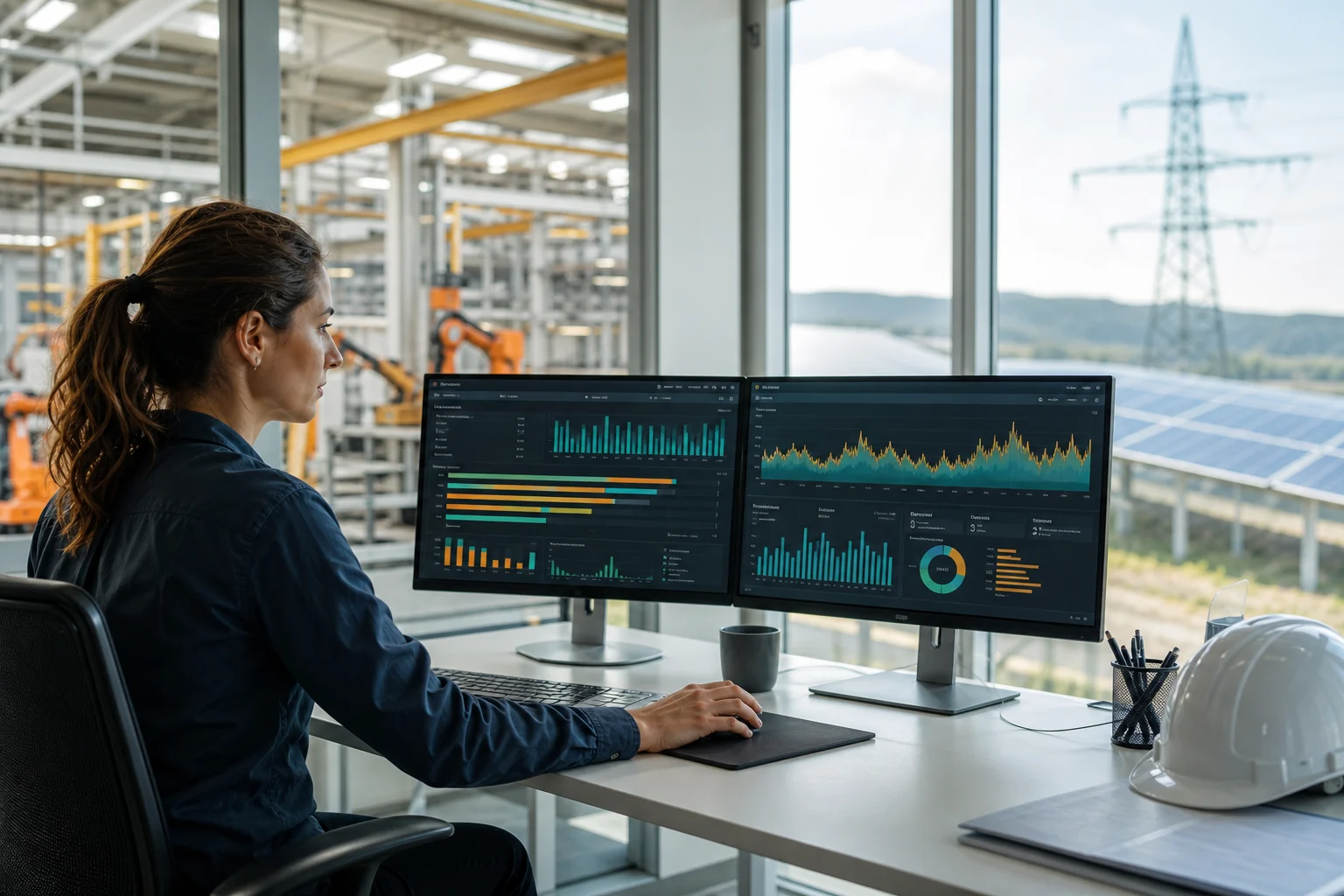 Produktionsplanerin analysiert Energieverbrauch und Fertigungspläne