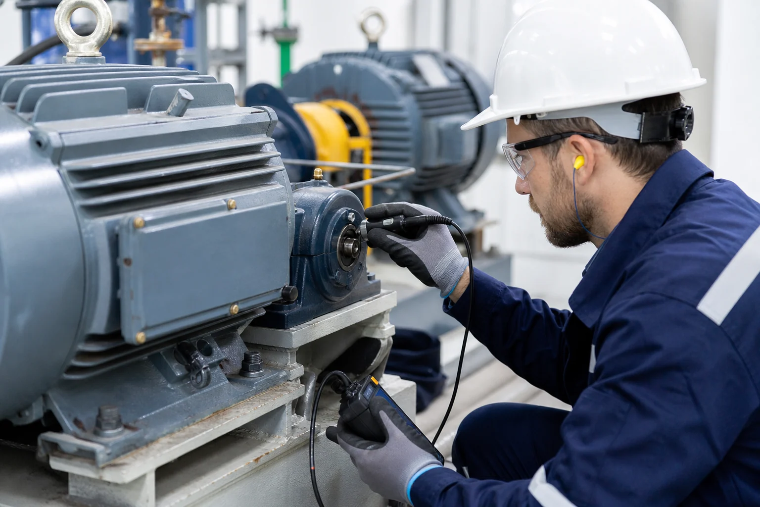 Techniker prüft einen Industriemotor mit einem Vibrationssensor