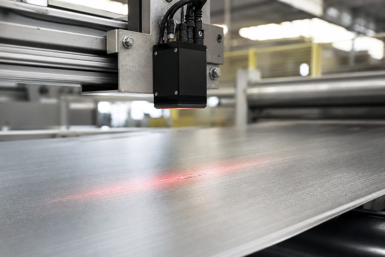 Industriekamera prüft eine Stahloberfläche auf Fehler
